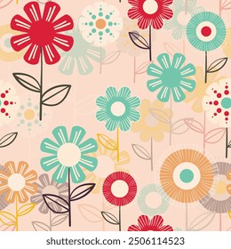 Seamless floral pattern based on traditional folk art ornaments. Colorful flowers on color background. Scandinavian style. Sweden nordic style. Vector illustration. Simple minimalistic pattern.