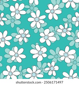 Seamless floral pattern based on traditional folk art ornaments. Colorful chamomile, daisy flowers on color background. Doodle style. Vector illustration. Simple minimalistic pattern.