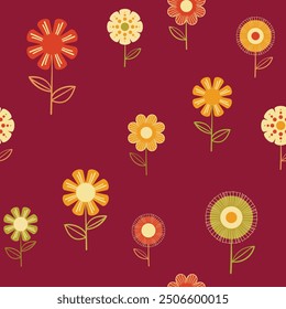 Seamless floral pattern based on traditional folk art ornaments. Colorful flowers on color background. Scandinavian style. Sweden nordic style. Vector illustration. Simple minimalistic pattern.