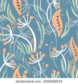 Seamless floral pattern based on traditional folk art ornaments. Colorful flowers on color background. Scandinavian style. Sweden nordic style. Vector illustration. Simple minimalistic pattern.