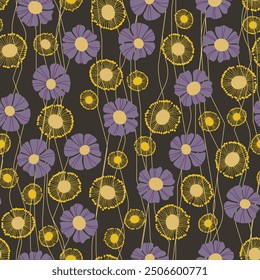 Seamless floral pattern based on traditional folk art ornaments. Colorful flowers on color background. Scandinavian style. Sweden nordic style. Vector illustration. Simple minimalistic pattern.