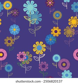 Seamless floral pattern based on traditional folk art ornaments. Colorful flowers on color background. Scandinavian style. Sweden nordic style. Vector illustration. Simple minimalistic pattern.