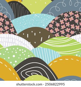 Seamless floral pattern based on traditional folk art ornaments. Colorful flowers on color background. Scandinavian style. Sweden nordic style. Vector illustration. Simple minimalistic pattern.