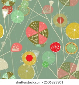 Seamless floral pattern based on traditional folk art ornaments. Colorful flowers on color background. Scandinavian style. Sweden nordic style. Vector illustration. Simple minimalistic pattern.