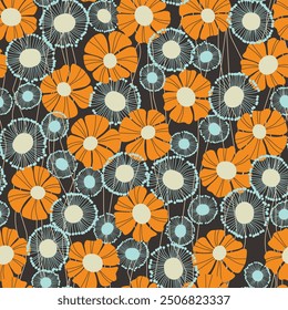 Seamless floral pattern based on traditional folk art ornaments. Colorful flowers on color background. Scandinavian style. Sweden nordic style. Vector illustration. Simple minimalistic pattern.