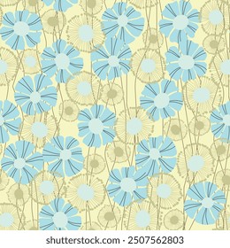 Seamless floral pattern based on traditional folk art ornaments. Colorful flowers on color background. Scandinavian style. Sweden nordic style. Vector illustration. Simple minimalistic pattern.