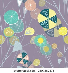 Seamless floral pattern based on traditional folk art ornaments. Colorful flowers on color background. Scandinavian style. Sweden nordic style. Vector illustration. Simple minimalistic pattern.