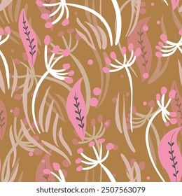 Seamless floral pattern based on traditional folk art ornaments. Colorful flowers on color background. Scandinavian style. Sweden nordic style. Vector illustration. Simple minimalistic pattern.