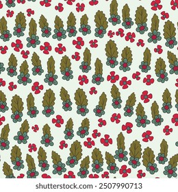 Seamless floral pattern based on traditional folk art ornaments. Colorful flowers on color background. Scandinavian style. Sweden nordic style. Vector illustration. Simple minimalistic pattern.