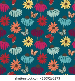 Seamless floral pattern based on traditional folk art ornaments. Colorful flowers on color background. Scandinavian style. Sweden nordic style. Vector illustration. Simple minimalistic pattern.