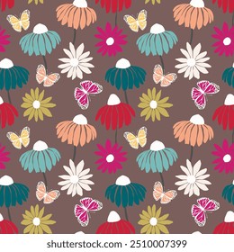 Seamless floral pattern based on traditional folk art ornaments. Colorful flowers on color background. Scandinavian style. Sweden nordic style. Vector illustration. Simple minimalistic pattern.