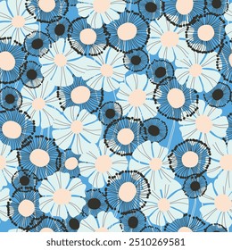 Seamless floral pattern based on traditional folk art ornaments. Colorful flowers on color background. Scandinavian style. Sweden nordic style. Vector illustration. Simple minimalistic pattern.