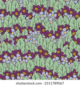 Seamless floral pattern based on traditional folk art ornaments. Colorful flowers on color background. Scandinavian style. Sweden nordic style. Vector illustration. Simple minimalistic pattern.