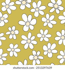 Seamless floral pattern based on traditional folk art ornaments. Colorful chamomile, daisy flowers on color background. Doodle style. Vector illustration. Simple minimalistic pattern.