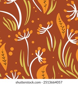 Seamless floral pattern based on traditional folk art ornaments. Colorful flowers on color background. Scandinavian style. Sweden nordic style. Vector illustration. Simple minimalistic pattern.