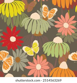 Seamless floral pattern based on traditional folk art ornaments. Colorful flowers on color background. Scandinavian style. Sweden nordic style. Vector illustration. Simple minimalistic pattern.