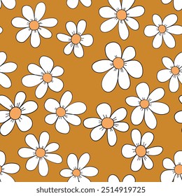 Seamless floral pattern based on traditional folk art ornaments. Colorful chamomile, daisy flowers on color background. Doodle style. Vector illustration. Simple minimalistic pattern.