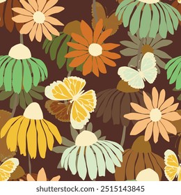 Seamless floral pattern based on traditional folk art ornaments. Colorful flowers on color background. Scandinavian style. Sweden nordic style. Vector illustration. Simple minimalistic pattern.