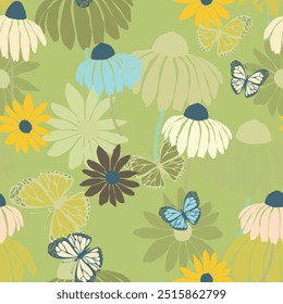 Seamless floral pattern based on traditional folk art ornaments. Colorful flowers on color background. Scandinavian style. Sweden nordic style. Vector illustration. Simple minimalistic pattern.