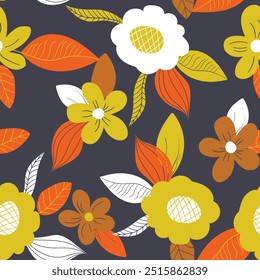 Seamless floral pattern based on traditional folk art ornaments. Colorful flowers on color background. Scandinavian style. Sweden nordic style. Vector illustration. Simple minimalistic pattern.