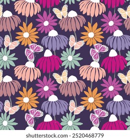 Seamless floral pattern based on traditional folk art ornaments. Colorful flowers on color background. Scandinavian style. Sweden nordic style. Vector illustration. Simple minimalistic pattern.