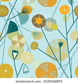 Seamless floral pattern based on traditional folk art ornaments. Colorful flowers on color background. Scandinavian style. Sweden nordic style. Vector illustration. Simple minimalistic pattern.