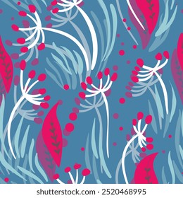 Seamless floral pattern based on traditional folk art ornaments. Colorful flowers on color background. Scandinavian style. Sweden nordic style. Vector illustration. Simple minimalistic pattern.