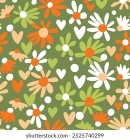 Seamless floral pattern based on traditional folk art ornaments. Colorful flowers on color background. Scandinavian style. Sweden nordic style. Vector illustration. Simple minimalistic pattern.