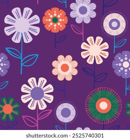 Seamless floral pattern based on traditional folk art ornaments. Colorful flowers on color background. Scandinavian style. Sweden nordic style. Vector illustration. Simple minimalistic pattern.