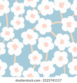 Seamless floral pattern based on traditional folk art ornaments. Colorful flowers on color background. Scandinavian style. Sweden nordic style. Vector illustration. Simple minimalistic pattern.