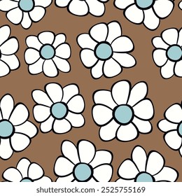 Seamless floral pattern based on traditional folk art ornaments. Colorful flowers on color background. Scandinavian style. Sweden nordic style. Vector illustration. Simple minimalistic pattern.