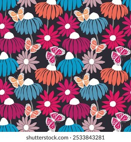 Seamless floral pattern based on traditional folk art ornaments. Colorful flowers on color background. Scandinavian style. Sweden nordic style. Vector illustration. Simple minimalistic pattern.