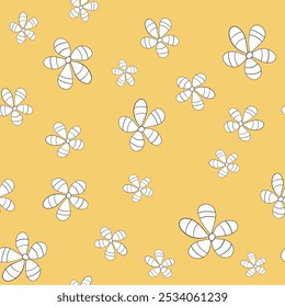 Seamless floral pattern based on traditional folk art ornaments. Colorful chamomile, daisy flowers on color background. Doodle style. Vector illustration. Simple minimalistic pattern.