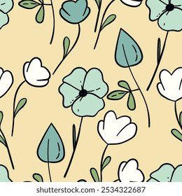 Seamless floral pattern based on traditional folk art ornaments. Colorful flowers on color background. Scandinavian style. Sweden nordic style. Vector illustration. Simple minimalistic pattern.