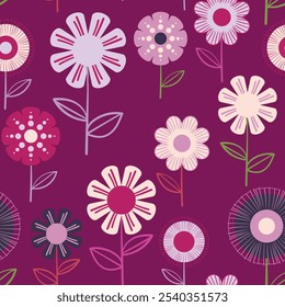 Seamless floral pattern based on traditional folk art ornaments. Colorful flowers on color background. Scandinavian style. Sweden nordic style. Vector illustration. Simple minimalistic pattern.