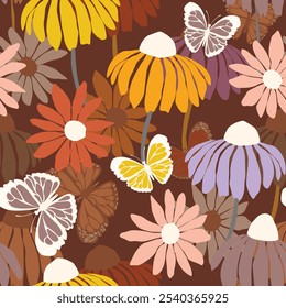 Seamless floral pattern based on traditional folk art ornaments. Colorful flowers on color background. Scandinavian style. Sweden nordic style. Vector illustration. Simple minimalistic pattern.