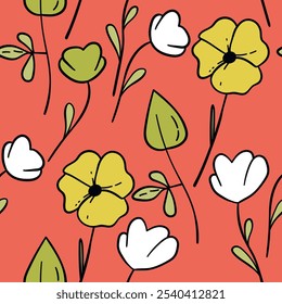 Seamless floral pattern based on traditional folk art ornaments. Colorful flowers on color background. Scandinavian style. Sweden nordic style. Vector illustration. Simple minimalistic pattern.