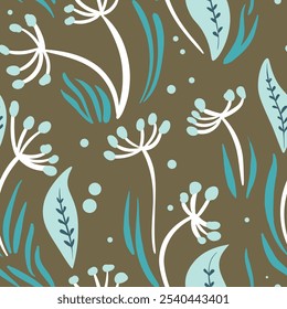 Seamless floral pattern based on traditional folk art ornaments. Colorful flowers on color background. Scandinavian style. Sweden nordic style. Vector illustration. Simple minimalistic pattern.