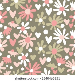 Seamless floral pattern based on traditional folk art ornaments. Colorful flowers on color background. Scandinavian style. Sweden nordic style. Vector illustration. Simple minimalistic pattern.