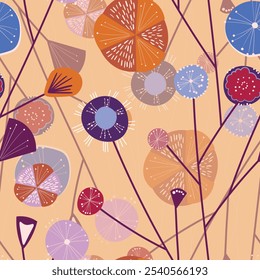 Seamless floral pattern based on traditional folk art ornaments. Colorful flowers on color background. Scandinavian style. Sweden nordic style. Vector illustration. Simple minimalistic pattern.