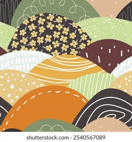 Seamless floral pattern based on traditional folk art ornaments. Colorful flowers on color background. Scandinavian style. Sweden nordic style. Vector illustration. Simple minimalistic pattern.