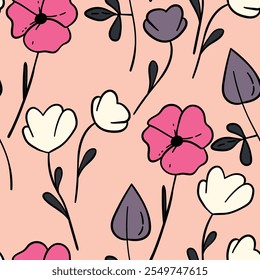 Seamless floral pattern based on traditional folk art ornaments. Colorful flowers on color background. Scandinavian style. Sweden nordic style. Vector illustration. Simple minimalistic pattern.