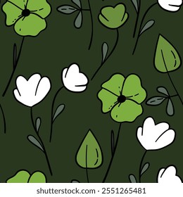 Seamless floral pattern based on traditional folk art ornaments. Colorful flowers on color background. Scandinavian style. Sweden nordic style. Vector illustration. Simple minimalistic pattern.