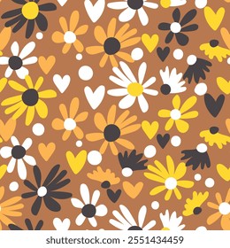 Seamless floral pattern based on traditional folk art ornaments. Colorful flowers on color background. Scandinavian style. Sweden nordic style. Vector illustration. Simple minimalistic pattern.