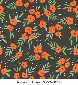 Seamless floral pattern based on traditional folk art ornaments. Colorful flowers on color background. Scandinavian style. Sweden nordic style. Vector illustration. Simple minimalistic pattern.