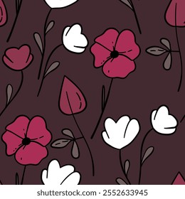 Seamless floral pattern based on traditional folk art ornaments. Colorful flowers on color background. Scandinavian style. Sweden nordic style. Vector illustration. Simple minimalistic pattern.