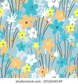 Seamless floral pattern based on traditional folk art ornaments. Colorful flowers on color background. Scandinavian style. Sweden nordic style. Vector illustration. Simple minimalistic pattern.