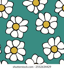 Seamless floral pattern based on traditional folk art ornaments. Colorful flowers on color background. Scandinavian style. Sweden nordic style. Vector illustration. Simple minimalistic pattern.