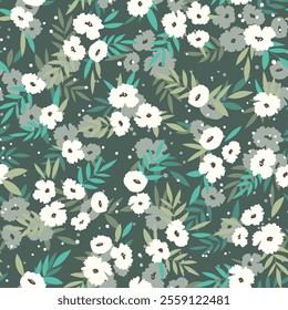 Seamless floral pattern based on traditional folk art ornaments. Colorful flowers on color background. Scandinavian style. Sweden nordic style. Vector illustration. Simple minimalistic pattern.