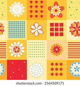 Seamless floral pattern based on traditional folk art ornaments. Colorful flowers on color background. Vector illustration. Simple minimalistic pattern.